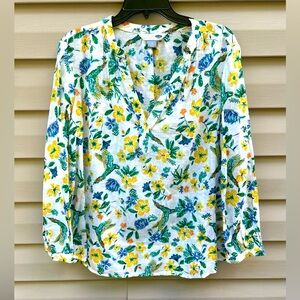 Old Navy size L linen popover birds of paradise floral hibiscus blouse cottage